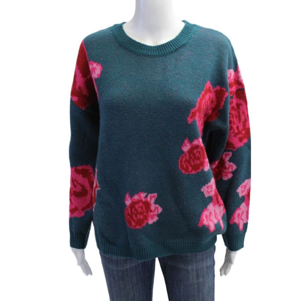 Koko + Mason Unisex Green Floral Crewneck Pullover Sweater Acrylic Size M